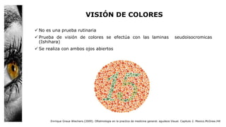 VISIÓN DE COLORES
 No es una prueba rutinaria
 Prueba de visión de colores se efectúa con las laminas seudoisocromicas
(Ishihara)
 Se realiza con ambos ojos abiertos
Enrrique Graue Wiechers.(2009). Oftalmologia en la practica de medicina general. agudeza Visual. Capitulo 2. Mexico.McGraw.Hill
 