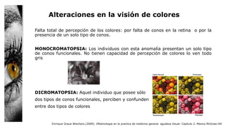 Alteraciones en la visión de colores
Falta total de percepción de los colores: por falta de conos en la retina o por la
presencia de un solo tipo de conos.
MONOCROMATOPSIA: Los individuos con esta anomalía presentan un solo tipo
de conos funcionales. No tienen capacidad de percepción de colores lo ven todo
gris
DICROMATOPSIA: Aquel individuo que posee sólo
dos tipos de conos funcionales, perciben y confunden
entre dos tipos de colores
Enrrique Graue Wiechers.(2009). Oftalmologia en la practica de medicina general. agudeza Visual. Capitulo 2. Mexico.McGraw.Hill
 