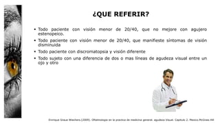 ¿QUE REFERIR?
 Todo paciente con visión menor de 20/40, que no mejore con agujero
estenopeico.
 Todo paciente con visión menor de 20/40, que manifieste síntomas de visión
disminuida
 Todo paciente con discromatopsia y visión diferente
 Todo sujeto con una diferencia de dos o mas líneas de agudeza visual entre un
ojo y otro
Enrrique Graue Wiechers.(2009). Oftalmologia en la practica de medicina general. agudeza Visual. Capitulo 2. Mexico.McGraw.Hill
 