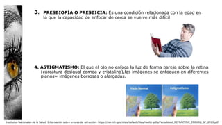 3.
4. ASTIGMATISMO: El que el ojo no enfoca la luz de forma pareja sobre la retina
(curcatura desigual cornea y cristalino),las imágenes se enfoquen en diferentes
planos= imágenes borrosas o alargadas.
Institutos Nacionales de la Salud. Información sobre errores de refracción. https://nei.nih.gov/sites/default/files/health-pdfs/FactsAbout_REFRACTIVE_ERRORS_SP_2013.pdf
PRESBIOPÍA O PRESBICIA: Es una condición relacionada con la edad en
la que la capacidad de enfocar de cerca se vuelve más difícil
 