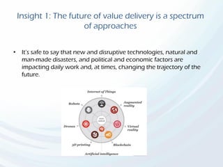 Insight 1: The future of value delivery is a spectrum
of approaches
• It’s safe to say that new and disruptive technologies, natural and
man-made disasters, and political and economic factors are
impacting daily work and, at times, changing the trajectory of the
future.
 