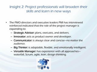Insight 2: Project professionals will broaden their
skills and learn in new ways
• The PMO directors and executive leaders PMI has interviewed
reinforced indicated that the role of the project manager is
expanding to:
– Strategic Advisor: plans, executes, and delivers.
– Innovator: acts as product owner and developer.
– Communicator: is always clear and concise—no matter the
audience.
– Big Thinker: is adaptable, flexible, and emotionally intelligent.
– Versatile Manager: has experience with all approaches—
waterfall, Scrum, agile, lean, design thinking.
 