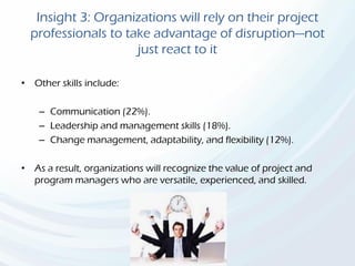 Insight 3: Organizations will rely on their project
professionals to take advantage of disruption—not
just react to it
• Other skills include:
– Communication (22%).
– Leadership and management skills (18%).
– Change management, adaptability, and flexibility (12%).
• As a result, organizations will recognize the value of project and
program managers who are versatile, experienced, and skilled.
 