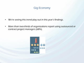 Gig Economy
• We’re seeing this trend play out in this year’s findings.
• More than two-thirds of organizations report using outsourced or
contract project managers (68%).
 