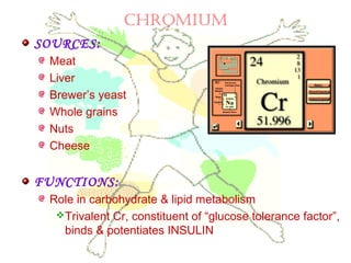 ChrOMIUM
SOURCES:
Meat
Liver
Brewer’s yeast
Whole grains
Nuts
Cheese
FUNCTIONS:
Role in carbohydrate & lipid metabolism
Trivalent Cr, constituent of “glucose tolerance factor”,
binds & potentiates INSULIN
 