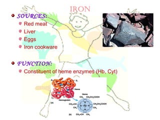 iRon
SOURCES:
Red meat
Liver
Eggs
Iron cookware
FUNCTION:
Constituent of heme enzymes (Hb, Cyt)
 