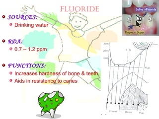 fLUoRide
SOURCES:
Drinking water
RDA:
0.7 – 1.2 ppm
FUNCTIONS:
Increases hardness of bone & teeth
Aids in resistence to caries
 