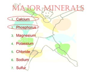 MAJOR MINERALS
1. Calcium
2. Phosphorus
3. Magnesium
4. Potassium
5. Chloride
6. Sodium
7. Sulfur
 