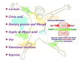 Lactose
Citric acid
Dietary protein and Phosphorus
Oxalic & Phytic acid
Fat
Emotional reactions
Exercise
 
