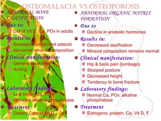OSTEOMALACIA VS OSTEOPOROSIS
ABNORMAL BONE
CALCIFICATION
Due to:
Def of Vit D, Ca, PO4 in adults
Results in:
Excessive uncalcified osteoid
Abnormal mineral composition
Clinical manifestation:
General weakness
Aching
Laboratory findings:
Low serum Ca, PO4
Elevated alkaline phosphatase
Treatment
Dietary Ca and Vit D
ABNORMAL ORGANIC MATRIX
FORMATION
Due to
Decline in anabolic hormones
Results in:
Decreased ossification
Mineral composition remains normal
Clinical manifestation:
Hip & back pain (lumbago)
Stooped posture
Decreased height
Tendency to bone fracture
Laboratory findings:
Normal Ca, PO4, alkaline
phosphatase
Treatment
Estrogens, protein, Ca, Vit D, F
 