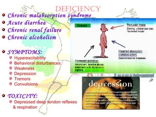 DEFICIENCY
Chronic malabsorption syndrome
Acute diarrhea
Chronic renal failure
Chronic alcoholism
SYMPTOMS:
Hyperexcitability
Behavioral disturbances
Weakness
Depression
Tremors
Convulsions
TOXICITY:
Depressed deep tendon reflexes
& respiration
 