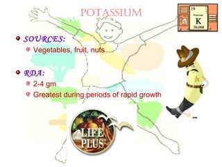 POTASSIUM
SOURCES:
Vegetables, fruit, nuts
RDA:
2-4 gm
Greatest during periods of rapid growth
 