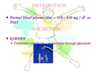 DISTrIBUTION
Normal blood plasma conc – 550 - 650 mg / dl as
NaCl
KIDNEY
Threshold substance – reabsorbed through glomeruli
ExCrETION
 