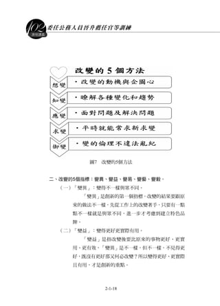 委任公務人員晉升薦任官等訓練
2-1-18
課程講義
圖7 改變的5個方法
二、改變的5個指標：變異、變益、變易、變藝、變毅。
（一）「變異」：變得不一樣與眾不同。
「變異」是創新的第一個指標，改變的結果要跟原
來的做法不一樣，先從工作上的改變著手，只要有一點
點不一樣就是與眾不同，進一步才考慮到建立特色品
牌。
（二）「變益」：變得更好更實際有用。
「變益」是指改變後要比原來的事物更好、更實
用、更有效，「變異」是不一樣，但不一樣，不見得更
好，既沒有更好那又何必改變？所以變得更好、更實際
且有用，才是創新的重點。
 
