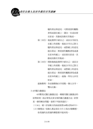 委任公務人員晉升薦任官等訓練
2-1-50
課程講義
題的看法與意見，可將重要的觀點
書寫或畫在紙上。選出一位桌長留
在原桌，其餘成員換至其他桌。
第二回合：彼此簡單介紹自己，桌長分享原先
在紙上的重點，彼此分享自己對主
題的看法與意見，或對紙上的意見
提出看法。將重要的觀點書寫或畫
在原本的紙上，桌長留在原桌，其
餘成員換至其他桌。
第三回合：開始後彼此簡單介紹自己，桌長分
享紙上的重點，彼此分享自己對主
題的看法與意見，或對紙上的意見
提出看法。將重要的觀點書寫或畫
在原本的紙上，最後，所有人回至
原桌。
最後整理：各桌彙整後分享重點、個人分享、
雙向互動。
3. 635腦力激盪法
635默寫式腦力激盪法是一種應用腦力激盪法的
原理原則，改以筆寫式來呈現的腦力激盪方法，針對
某一個待解決問題。依照下列原則進行：
（1）6人一組：在每個人的面前放置A4格式的635卡。
（2）3個想法：每個人都必須在卡片上寫出3個構想，
你寫過的及看過的構想都不能再寫。
 