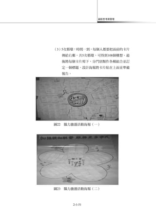 創新思考與管理
2-1-51
（3）5次循環：時間一到，每個人都要把面前的卡片
傳給右鄰，共5次循環，可得到108個構想。最
後將每個卡片剪下，分門別類作各種組合並訂
定一個標題，設計海報將卡片貼在上面並準備
報告。
圖22 腦力激盪活動海報（一）
圖23 腦力激盪活動海報（二）
 