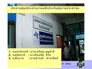 1. จ.นครสวรรค์ : นายเหรียญ บุญสำาลี
2. จ.อุทัยธานี : นางธันยพัต ดีวัน
3. จ.ชัยนาท : นายดำารงค์ ดำารงพันธ์
ประธานศูนย์ประสานงานหลักประกันสุขภาพประชาชน
 