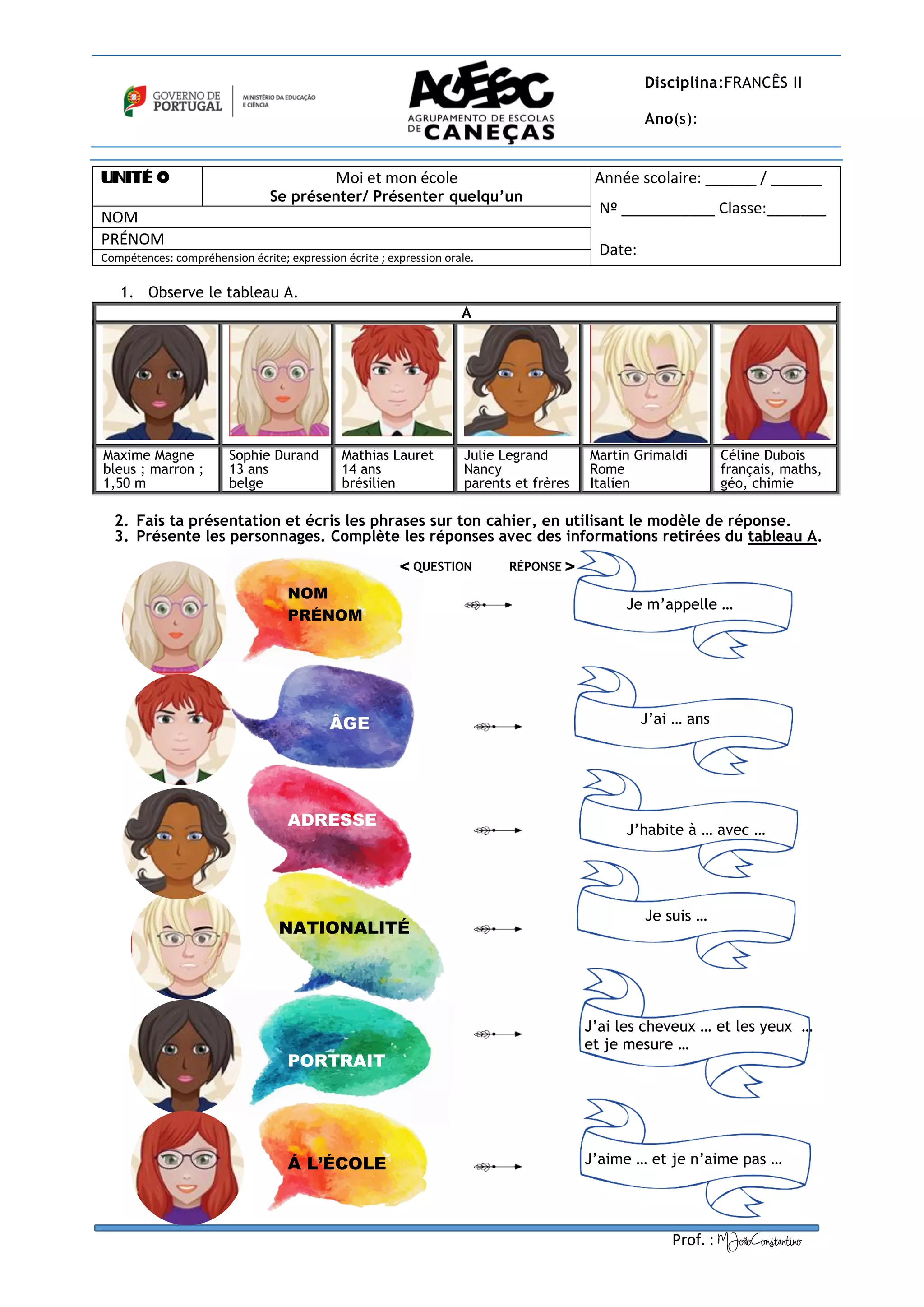Disciplina:FRANCÊS II
Ano(s):
UNITÉ 0 Moi et mon école
Se présenter/ Présenter quelqu’un
Année scolaire: ______ / ______
Nº ___________ Classe:_______
Date:
NOM
PRÉNOM
Compétences: compréhension écrite; expression écrite ; expression orale.
1. Observe le tableau A.
A
Maxime Magne
bleus ; marron ;
1,50 m
Sophie Durand
13 ans
belge
Mathias Lauret
14 ans
brésilien
Julie Legrand
Nancy
parents et frères
Martin Grimaldi
Rome
Italien
Céline Dubois
français, maths,
géo, chimie
2. Fais ta présentation et écris les phrases sur ton cahier, en utilisant le modèle de réponse.
3. Présente les personnages. Complète les réponses avec des informations retirées du tableau A.
NOM
PRÉNOM
< QUESTION RÉPONSE >
Je m’appelle …
ÂGE J’ai … ans
ADRESSE
J’habite à … avec …
NATIONALITÉ
Je suis …
PORTRAIT
J’ai les cheveux … et les yeux …
et je mesure …
Á L’ÉCOLE J’aime … et je n’aime pas …
Prof. : MJoãoConstantinoP