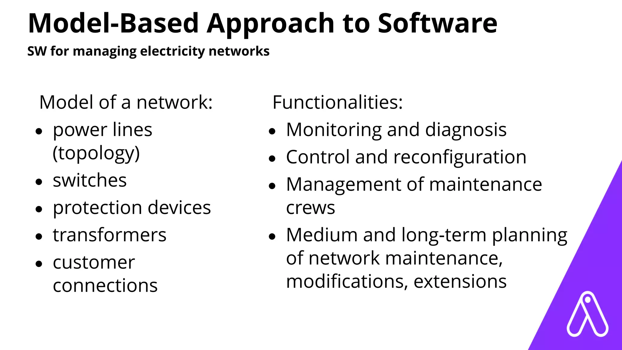 Model-Based Approach to Software
SW for managing electricity networks
Model of a network:
• power lines
(topology)
• switches
• protection devices
• transformers
• customer
connections
Functionalities:
• Monitoring and diagnosis
• Control and reconﬁguration
• Management of maintenance
crews
• Medium and long-term planning
of network maintenance,
modiﬁcations, extensions
 