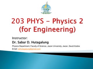Instructor:
Dr. Sabar D. Hutagalung
Physics Department, Faculty of Science, Jazan University, Jazan, Saudi Arabia
Email: sdhutagalung@gmail.com
 