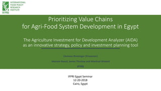 Prioritizing Value Chains
for Agri-Food System Development in Egypt
The Agriculture Investment for Development Analyzer (AIDA)
as an innovative strategy, policy and investment planning tool
Clemens Breisinger (Presenter)
Mariam Raouf, James Thurlow and Manfred Wiebelt
IFPRI
IFPRI Egypt Seminar
12-20-2018
Cairo, Egypt
 