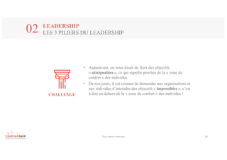 Tous	droits	réservés 10
LEADERSHIP
LES 3 PILIERS DU LEADERSHIP02
CHALLENGE
• Auparavant, on nous disait de fixer des objectifs
« atteignables », ce qui signifie proches de la « zone de
confort » des individus.
• De nos jours, il est courant de demander aux organisations et
aux individus d’atteindre des objectifs « impossibles », c’est
à dire en dehors de la « zone de confort » des individus !
 
