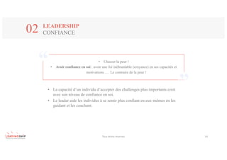 Tous	droits	réservés 14
LEADERSHIP
CONFIANCE02
• Chasser la peur !
• Avoir confiance en soi : avoir une foi inébranlable (croyance) en ses capacités et
motivations … Le contraire de la peur !
• La capacité d’un individu d’accepter des challenges plus importants croit
avec son niveau de confiance en soi.
• Le leader aide les individus à se sentir plus confiant en eux-mêmes en les
guidant et les coachant.
 