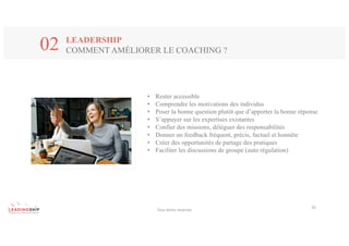 Tous	droits	réservés
20
LEADERSHIP
COMMENT AMÉLIORER LE COACHING ?02
• Rester accessible
• Comprendre les motivations des individus
• Poser la bonne question plutôt que d’apporter la bonne réponse
• S’appuyer sur les expertises existantes
• Confier des missions, déléguer des responsabilités
• Donner un feedback fréquent, précis, factuel et honnête
• Créer des opportunités de partage des pratiques
• Faciliter les discussions de groupe (auto régulation)
 