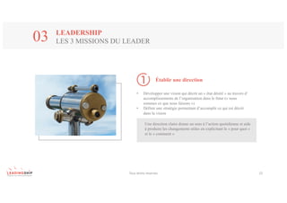 LEADERSHIP
LES 3 MISSIONS DU LEADER03
Tous	droits	réservés 22
Établir une direction
• Développer une vision qui décrit un « état désiré » au travers d’
accomplissements de l’organisation dans le futur (« nous
sommes ce que nous faisons »)
• Définir une stratégie permettant d’accomplir ce qui est décrit
dans la vision
Une direction claire donne un sens à l’action quotidienne et aide
à produire les changements utiles en explicitant le « pour quoi »
et le « comment »
 