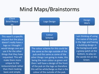 Mind Maps/Brainstorms
Logo Design
Colour
Scheme
Design
Idea’s
Client
Brief/Reque
sts
This wasn’t a specific
request but the place
doesn’t really have a
logo so I thought I
would design one and
use it for the other
things that they have
requested. This will
make them more
unique to the
restaurant/pub rather
than them looking
basic and simple.
I am thinking of using
the name of the pub
in the logo and having
a building design in
the background with
a grassy patch at the
bottom, to play on
the words Inn on the
Green.
The colour scheme for this could be
the same as the sign outside of the
pub and the same as some of the
other things I am going to make, this
being the main colour as green and
then I will have a design of the front
of the pub on the logo so therefore
this will be white/beige as that is the
colour of the outside of the pub.
 