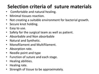 Selection criteria of suture materials
• Comfortable and natural healing.
• Minimal tissues reaction.
• Not creating a suitable environment for bacterial growth.
• Secure knot holding.
• Easy to use.
• Safety for the surgical team as well as patient.
• Absorbable and Non absorbable
• Natural and Synthetic.
• Monofilament and Multifilament.
• Absorption rate.
• Needle point and type
• Function of suture and each stage.
• Healing abilities.
• Healing rate.
• Strength of tissue to be approximately.
 