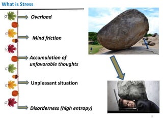 10
What is Stress
Overload
Mind friction
Accumulation of
unfavorable thoughts
Disorderness (high entropy)
Unpleasant situation
 