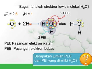 Bagaimanakah struktrur lewis molekul H2O?
O + 2H OH OH
HH
atau
2 PEI
2 PEB
PEI: Pasangan elektron ikatan
PEB: Pasangan elektron bebas
8O = 2 6 1H = 1
Berapakah jumlah PEB
dan PEI yang dimiliki H2O?
 