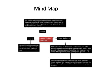 Mind Map
To attract my target audience I would include a main image of a
famous footballer such as Lukaku as most football fans will know who
he is as he’s a very famous footballer and this will attract my target
audience
Target Audience
My target audience for this magazine would be sport fans and it
would be male and females however more specifically aimed at males
as would include sports such as football that men enjoy more than
women. My magazine will also be aged at people aged from 13-25
Languag
e
Because my audience are young I
will have my text informal and
easy to understand and easy to
read
Create a sport
magazine
Purpose
The purpose of my magazine is entertainment and escapism. This
means the consumer can forget about everything and just read the
magazine. I will have the magazine entertaining by including articles
my target audience will enjoy
 