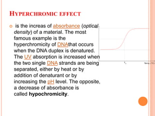 HYPERCHROMIC EFFECT
 is the increas of absorbance (optical
density) of a material. The most
famous example is the
hyperchromicity of DNAthat occurs
when the DNA duplex is denatured.
The UV absorption is increased when
the two single DNA strands are being
separated, either by heat or by
addition of denaturant or by
increasing the pH level. The opposite,
a decrease of absorbance is
called hypochromicity.
 