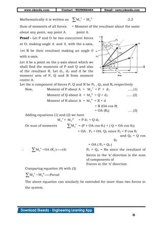 www.ekeeda.com Contact : 9029006464 Email : care@ekeeda.com
8
Mathematically it is written as F R
A AM = M .2.2
Sum of moments of all forces = Moment of the resultant about the same
about any point, say point A. point A.
Proof - Let P and O be two concurrent forces
at O, making angle 1 and 2 with the x-axis,
1et R be their resultant making an angle 0
with x-axis.
Let A be a point on the y-axis about which we
shall find the moments of P and Q and also
of the resultant R. Let d1, d2 and d be the
moment arm of P, Q and R from moment
centre A.
Let the x component of forces P, Q and R be Px , Qx and Rx respectively
Now, Moment of P about A = AM P
= P × d1 …..(1)
Moment of Q about A = AM Q
= Q × d2 ……(2)
Moment of R about A = R
AM = R × d
= R (OA cos θ)
= OA (Rx) …..(3)
Adding equations (1) and (2) we have
AM P
+ AM Q
= P d1 + Q d2
Or sum of moments F
AM = (P × OA cos θ1) + ( Q × OA cos θ2)
= OA . Px + OA. Qx since Px = P cos θ1
and Qx = Q cos
θ2
= OA ( Px + Qx )
F
A xM =OA (R ).-----(4)  Px + Qx = Rx since the resultant of
forces in the „x‟ direction is the sum
of components of
Forces in the „x‟ direction
Comparing equation (4) with (3)
F R
A AM =M -----Proved
The above equation can similarly be extended for more than two forces in
the system.
 
