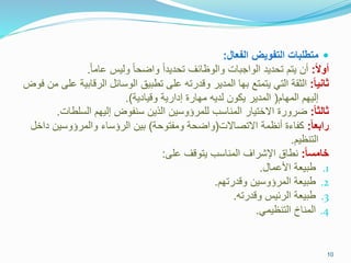 ‫الفعال‬ ‫التفويض‬ ‫ماد‬ ‫متت‬:
ً ‫رو‬:ً‫ا‬‫عام‬ ‫وليس‬ ً‫ا‬‫واحح‬ ً‫ا‬‫تحديد‬ ‫والوظائف‬ ‫الواجبات‬ ‫تحديد‬ ‫يتم‬ ‫أن‬.
ً‫ا‬‫ااني‬:‫يتمتع‬ ‫التي‬ ‫الثقة‬‫بها‬‫الرق‬ ‫الوسائل‬ ‫تطبيق‬ ‫على‬ ‫وقدرته‬ ‫المدير‬‫فوض‬ ‫من‬ ‫على‬ ‫ابية‬
‫المهام‬ ‫إليهم‬(‫وقيادية‬ ‫إدارية‬ ‫مهارة‬ ‫لديه‬ ‫يكون‬ ‫المدير‬.)
ً‫ا‬‫االا‬:‫السلط‬ ‫إليهم‬ ‫سنفوض‬ ‫الذين‬ ‫للمرؤوسين‬ ‫المناسب‬ ‫االختيار‬ ‫حرورة‬‫ات‬.
ً‫ا‬‫رامع‬:‫االتصاالت‬ ‫أنظمة‬ ‫كفاظة‬(‫ومفتوحة‬ ‫واححة‬)‫والمرؤوسين‬ ‫الرؤساظ‬ ‫بين‬‫داخل‬
‫التنظيم‬.
ً‫ا‬ ‫خام‬:‫على‬ ‫يتوقف‬ ‫المناسب‬ ‫اإلشراف‬ ‫نطاق‬:
.1‫ااعمال‬ ‫طبيعة‬.
.2‫وقدرتهم‬ ‫المرؤوسين‬ ‫طبيعة‬.
.3‫وقدرته‬ ‫الرئيس‬ ‫طبيعة‬.
.4‫التنظيمي‬ ‫المناخ‬.
10
 