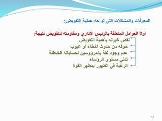 ‫التفويض‬ ‫ية‬ ‫عم‬ ‫ا‬ ‫توا‬ ‫التل‬ ‫يد‬ ‫والما‬ ‫المعوماد‬:
‫ة‬ ‫نتي‬ ‫تفويض‬ ‫ل‬ ‫ومقاومتا‬ ‫اإلدارس‬ ‫مالرايس‬ ‫قة‬ ‫المتع‬ ‫العوامل‬ ً ‫رو‬:
‫التفويض‬ ‫مأرمية‬ ‫خمرتا‬ ‫نقص‬
‫عيوج‬ ‫رو‬ ‫رختا‬ ‫فدوث‬ ‫من‬ ‫خوفا‬
‫الخاتاة‬ ‫اماتا‬ ‫لف‬ ‫ين‬ ‫مالمركو‬ ‫اقة‬ ‫ود‬ ‫و‬ ‫عدق‬
‫ا‬ ‫الرك‬ ‫توى‬ ‫م‬ ‫تدنل‬
‫القور‬ ‫ممظار‬ ‫الظاور‬ ‫فل‬ ‫مة‬ ‫الر‬
11
 