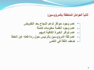 ‫ين‬ ‫مالمركو‬ ‫قة‬ ‫المتع‬ ‫العوامل‬ ً‫ا‬‫ااني‬:
‫التفويض‬ ‫معد‬ ‫اح‬ ‫الن‬ ‫لدعق‬ ‫فوافم‬ ‫ود‬ ‫و‬ ‫عدق‬
‫ة‬ ‫ام‬ ‫وماد‬ ‫مع‬ ‫رنظمة‬ ‫ود‬ ‫و‬ ‫عدق‬
‫لدياق‬ ‫افية‬ ‫ال‬ ‫الخمرر‬ ‫توافر‬ ‫عدق‬
‫الختأ‬ ‫عن‬ ‫ا‬ ‫فع‬ ‫ردر‬ ‫فول‬ ‫مالرايس‬ ‫ين‬ ‫المركو‬ ‫اقة‬ ‫عدق‬
‫النفس‬ ‫فل‬ ‫الاقة‬ ‫ضعل‬
12
 