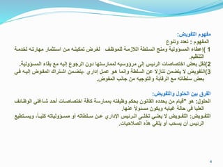 ‫التفويض‬ ‫مفاوق‬:
‫المفاوق‬:‫وتنوع‬ ‫تعدد‬
1)‫لخدمرة‬ ‫ماارترا‬ ‫رتامار‬ ‫ا‬ ‫مرن‬ ‫ينرا‬ ‫تم‬ ‫ررض‬ ‫ل‬ ‫موظرل‬ ‫ل‬ ‫اليممرة‬ ‫تة‬ ‫ر‬ ‫ال‬ ‫ومنح‬ ‫كولية‬ ‫الم‬ ‫إعتا‬
‫التنظيق‬.
2)‫ك‬ ‫الم‬ ‫مقا‬ ‫مذ‬ ‫إليا‬ ‫وع‬ ‫الر‬ ‫دون‬ ‫تاا‬ ‫لممار‬ ‫يا‬ ‫مركو‬ ‫إل‬ ‫الرايس‬ ‫اختصاصاد‬ ‫معض‬ ‫نقل‬‫ولية‬.
3)‫إلير‬ ‫المفروض‬ ‫اارترام‬ ‫ييتضرمن‬ ‫إدارس‬ ‫عمرل‬ ‫ررو‬ ‫وإنما‬ ‫تة‬ ‫ال‬ ‫عن‬ ‫تنام‬ ‫يتضمن‬ ‫التفويض‬‫فرل‬ ‫ا‬
‫المفوض‬ ‫انج‬ ‫من‬ ‫يا‬ ‫والتو‬ ‫الرمامة‬ ‫مذ‬ ‫تاتا‬ ‫معض‬.
‫والتفويض‬ ‫ول‬ ‫الف‬ ‫مين‬ ‫الفر‬:
‫ول‬ ‫الف‬:‫رو‬"‫ال‬ ‫ل‬ ‫ارا‬ ‫رفرد‬ ‫اختصاصراد‬ ‫افة‬ ‫ة‬ ‫مممار‬ ‫وظيفتا‬ ‫ق‬ ‫مف‬ ‫القانون‬ ‫يفدد‬ ‫من‬ ‫مياق‬‫وظراال‬
‫عناا‬ ً ‫او‬ ‫م‬ ‫ون‬ ‫وي‬ ‫ياما‬ ‫فالة‬ ‫فل‬ ‫يا‬ ‫الع‬.
‫التفررويض‬:‫و‬ ‫ي‬ً‫ا‬‫يرر‬ ‫رركولياتا‬ ‫م‬ ‫رو‬ ‫تاتا‬ ‫رر‬ ‫عررن‬ ‫اإلدارس‬ ‫الرررايس‬ ‫رر‬ ‫تخ‬ ‫يعنررل‬ ‫التفررويض‬‫ررتتيذ‬ ‫ي‬
‫الصيفياد‬ ‫رل‬ ‫ل‬ ‫ي‬ ‫رو‬ ‫فج‬ ‫ي‬ ‫رن‬ ‫الرايس‬.
4
 