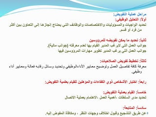 ‫التفويض‬ ‫ية‬ ‫عم‬ ‫مرافل‬:
ً ‫رو‬:‫الوظيفل‬ ‫يل‬ ‫التف‬:
‫مر‬ ‫التعراون‬ ‫إلر‬ ‫امررا‬ ‫إن‬ ‫يفتراإ‬ ‫الترل‬ ‫والوظاال‬ ‫ختصاصاد‬ ‫وا‬ ‫كولياد‬ ‫والم‬ ‫ماد‬ ‫الوا‬ ‫تفديد‬‫ارر‬ ‫ر‬ ‫ين‬
‫ق‬ ‫م‬ ‫رو‬ ‫فرد‬ ‫من‬.
ً‫ا‬‫ااني‬:‫ين‬ ‫مركو‬ ‫ل‬ ‫تفويضا‬ ‫ن‬ ‫يم‬ ‫ما‬ ‫تفديد‬
‫التل‬ ‫العمل‬ ‫وانج‬‫ج‬ ‫ير‬‫القياق‬ ‫المدير‬‫ماا‬‫معرفتا‬ ‫لعدق‬(‫مالية‬ ‫وانج‬.)
‫فياا‬ ‫ين‬ ‫المركو‬ ‫مااراد‬ ‫تتوير‬ ‫المدير‬ ‫ج‬ ‫ير‬ ‫التل‬ ‫العمل‬ ‫وانج‬
ً‫ا‬‫االا‬:‫الصيفياد‬ ‫تفويض‬ ‫تختيت‬:
‫معرفة‬‫فعالية‬ ‫رقابيه‬ ‫وسيائل‬ ‫وتحدييد‬ ‫ااداظاليوظيفي‬ ‫معيايير‬ ‫وتوحييع‬ ‫العميل‬ ‫تفاصييل‬ ‫كافة‬‫أداظ‬ ‫ومعيايير‬
‫وظيفي‬.
ً‫ا‬‫رامع‬:‫التفويض‬ ‫مية‬ ‫مع‬ ‫قياق‬ ‫ل‬ ‫ين‬ ‫والمكر‬ ‫اد‬ ‫فا‬ ‫ال‬ ‫لوس‬ ‫األاخاص‬ ‫اختمار‬:
ً‫ا‬ ‫خام‬:‫التفويض‬ ‫ية‬ ‫معم‬ ‫القياق‬:
‫تصال‬ ‫ا‬ ‫ية‬ ‫معم‬ ‫رتماق‬ ‫يا‬ ‫العمل‬ ‫يررمية‬ ‫تاد‬ ‫ال‬ ‫مدى‬ ‫تفديد‬
ً‫ا‬ ‫اد‬:‫المتامعة‬:
‫إليا‬ ‫المفوض‬ ‫افأر‬ ‫وم‬ ‫ي‬ ‫النظر‬ ‫ااد‬ ‫و‬ ‫اختيل‬ ‫وممول‬ ‫يذ‬ ‫التا‬ ‫تريق‬ ‫عن‬. 8
 