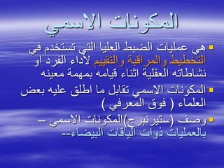 ‫االسمي‬ ‫المكونات‬
‫تستخدم‬ ‫التي‬ ‫العليا‬ ‫الضبط‬ ‫عمليات‬ ‫هي‬‫في‬
‫والتقييم‬ ‫والمراقبة‬ ‫التخطيط‬‫الفر‬ ‫ألداء‬‫او‬ ‫د‬
‫معينه‬ ‫بمهمة‬ ‫قيامه‬ ‫اثناء‬ ‫العقلية‬ ‫نشاطاته‬
‫بع‬ ‫عليه‬ ‫اطلق‬ ‫ما‬ ‫تقابل‬ ‫االسمي‬ ‫المكونات‬‫ض‬
‫العلماء‬(‫المعرفي‬ ‫فوق‬)
‫وصف‬(‫ستيرنبرج‬)‫االسمي‬ ‫المكونات‬–
‫البيضاء‬ ‫الياقات‬ ‫ذوات‬ ‫بالعمليات‬--
 