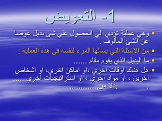 1-‫التعويض‬
‫عوض‬ ‫بديل‬ ‫شئ‬ ‫علي‬ ‫الحصول‬ ‫الي‬ ‫تؤدي‬ ‫عملية‬ ‫وهي‬‫ا‬
‫المألوف‬ ‫الشئ‬ ‫عن‬.
‫العمل‬ ‫هذه‬ ‫في‬ ‫لنفسه‬ ‫المرء‬ ‫يسألها‬ ‫التي‬ ‫االسئلة‬ ‫من‬‫ية‬:
‫مقام‬ ‫يقوم‬ ‫الذي‬ ‫البديل‬ ‫ما‬......
‫اشخاص‬ ‫او‬ ،‫اخري‬ ‫اماكن‬ ‫،او‬ ‫اخري‬ ‫اوقات‬ ‫هناك‬ ‫هل‬
‫اخري‬ ‫استراتيجيات‬ ‫او‬ ، ‫اخري‬ ‫مواد‬ ‫او‬ ، ‫اخرين‬.....
.‫من‬ ‫بدال‬.............
 