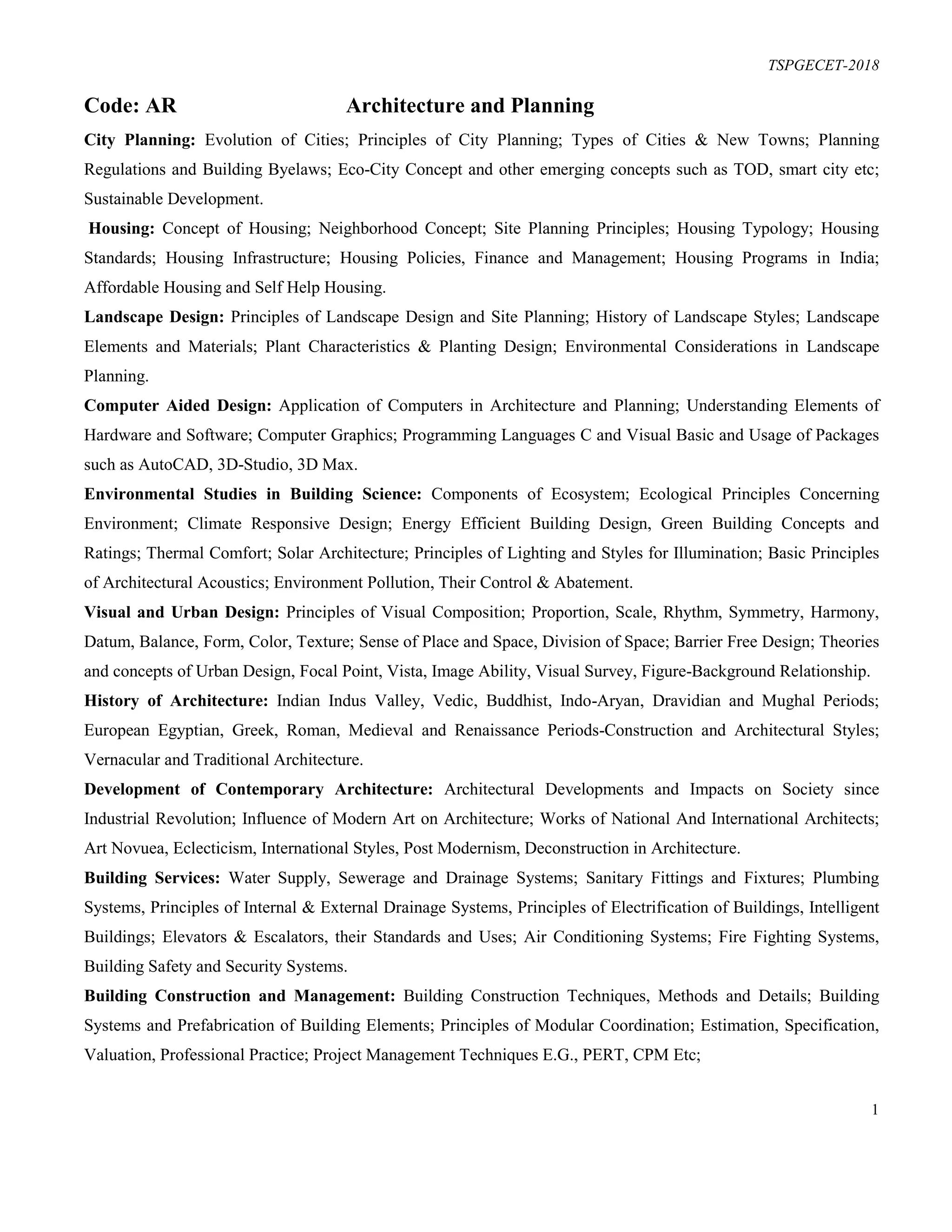 TS PGECET Architecture 2018 Syllabus | PDF | Free Download