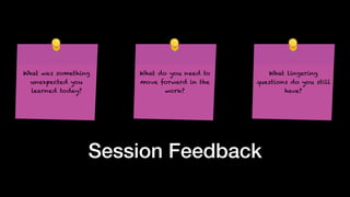 Session Feedback
What was something
unexpected you
learned today?
What do you need to
move forward in the
work?
What lingering
questions do you still
have?
 