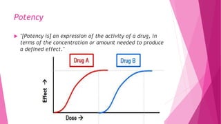 Potency
 "[Potency is] an expression of the activity of a drug, in
terms of the concentration or amount needed to produce
a defined effect."
 