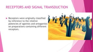 RECEPTORS AND SIGNAL TRANSDUCTION
 Receptors were originally classified
by reference to the relative
potencies of agonists and antagonists
on preparations containing different
receptors.
 