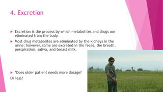 4. Excretion
 Excretion is the process by which metabolites and drugs are
eliminated from the body.
 Most drug metabolites are eliminated by the kidneys in the
urine; however, some are excreted in the feces, the breath,
perspiration, saliva, and breast milk.
 *Does older patient needs more dosage?
Or less?
 