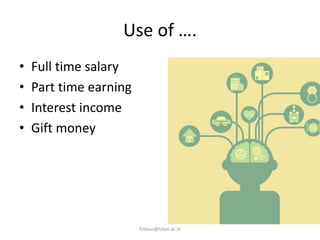 Use of ….
• Full time salary
• Part time earning
• Interest income
• Gift money
firdaus@icbm.ac.in
 