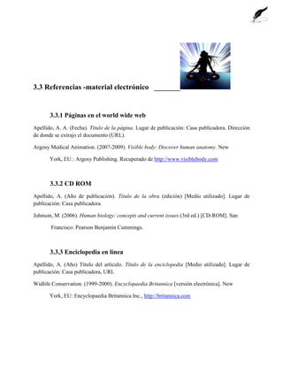 3.3 Referencias -material electrónico _______
3.3.1 Páginas en el world wide web
Apellido, A. A. (Fecha). Título de la página. Lugar de publicación: Casa publicadora. Dirección
de donde se extrajo el documento (URL).
Argosy Medical Animation. (2007-2009). Visible body: Discover human anatomy. New
York, EU.: Argosy Publishing. Recuperado de http://www.visiblebody.com
3.3.2 CD ROM
Apellido, A. (Año de publicación). Título de la obra (edición) [Medio utilizado]. Lugar de
publicación: Casa publicadora.
Johnson, M. (2006). Human biology: concepts and current issues (3rd ed.) [CD-ROM]. San
Francisco: Pearson Benjamin Cummings.
3.3.3 Enciclopedia en línea
Apellido, A. (Año) Título del artículo. Título de la enciclopedia [Medio utilizado]. Lugar de
publicación: Casa publicadora, URL
Widlife Conservation. (1999-2000). Encyclopaedia Britannica [versión electrónica]. New
York, EU: Encyclopaedia Britannica Inc., http://britannica.com
 